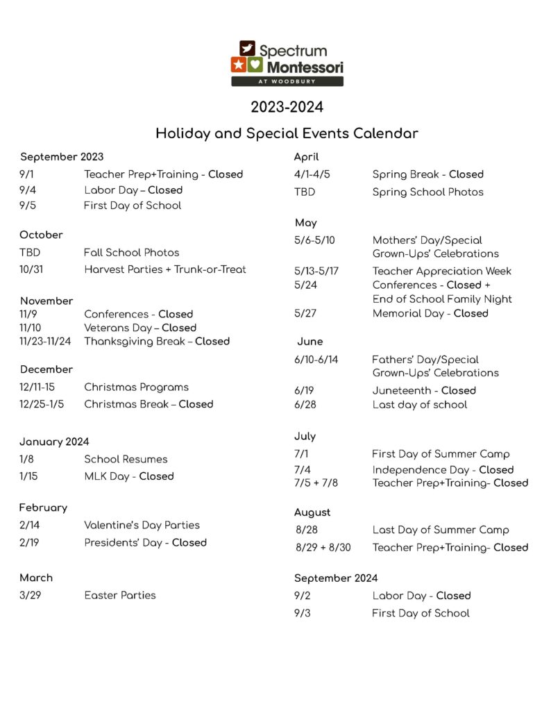 Spectrum Montessori Private School Woodbury Calendar